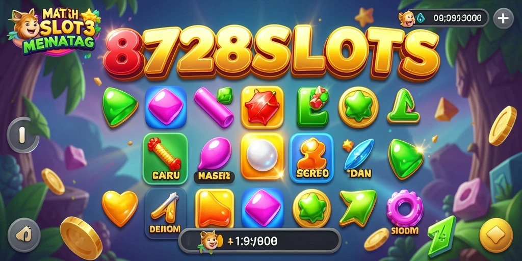 Screenshot gameplay 8728SLOTS dengan simbol Match-3 yang menarik.