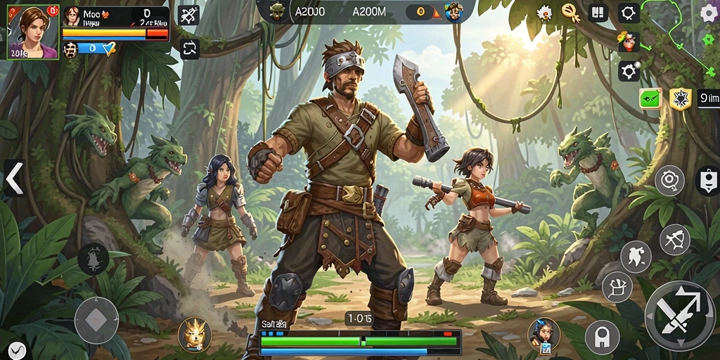 Screenshot utama A200M menunjukkan pertarungan seru dengan karakter dalam aksi.