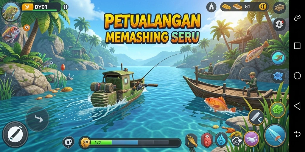 Screenshot gameplay DY01 dengan aksi memancing seru dan pemandangan alam yang indah.