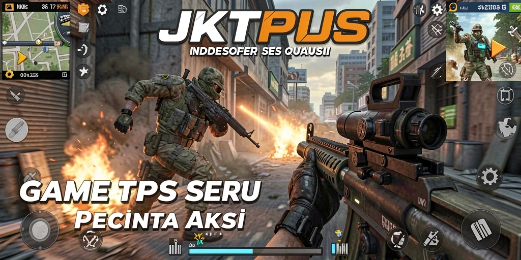 Tampilan gameplay JKTPLUS menampilkan aksi tembak-menembak seru dari sudut pandang orang ketiga.