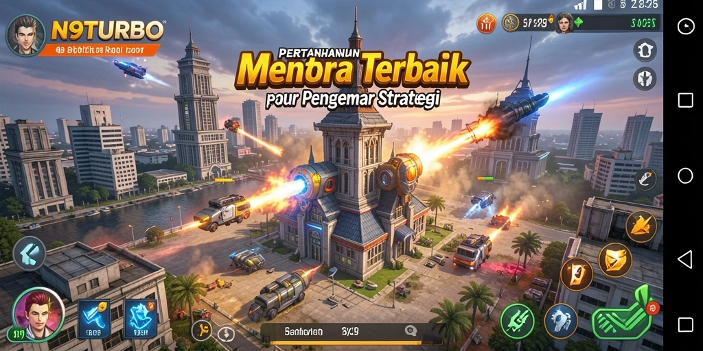 Tampilan gameplay menawan dalam N9TURBO dengan strategi Tower Defense.