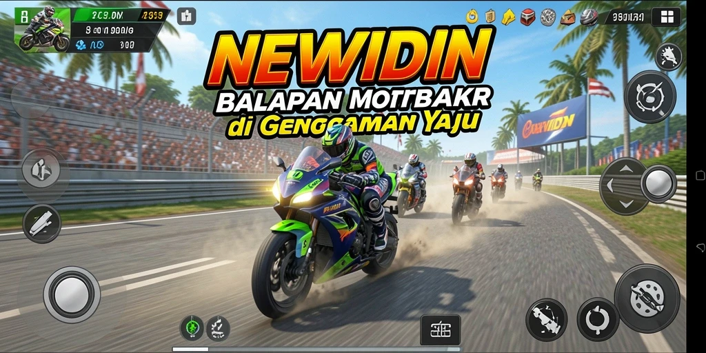 Tampilan gameplay seru di <strong>NEWIDN</strong> dengan balapan motor yang mendebarkan.
