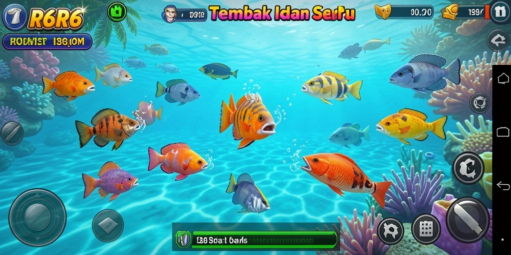 Tampilan gameplay R6R6 dengan aksi menembak ikan yang seru.