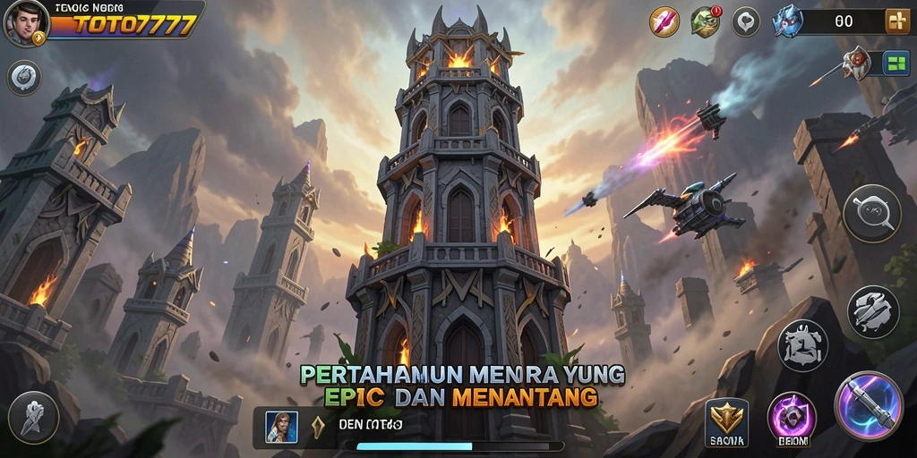 Screenshot TOTO777 menampilkan momen epik dalam pertempuran Tower Defense.