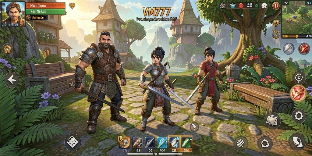 Tangkapan layar gameplay VM777 menunjukkan karakter bertarung melawan monster di dunia RPG yang menakjubkan.