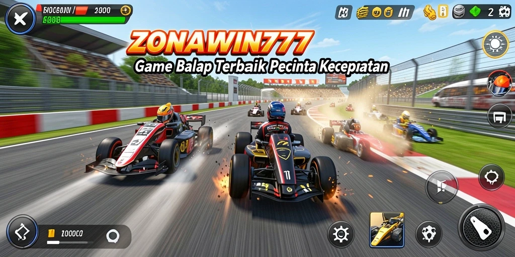 Tampilan gameplay ZONAWIN777 dengan mobil balap yang melaju kencang di lintasan.